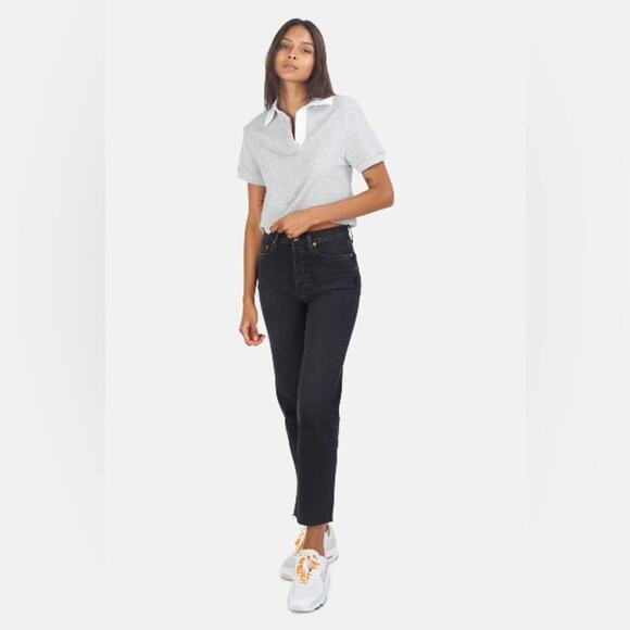 Twenty Montreal Cropped Cotton Blend Polo Top Heather Gray White Collar - Large - Picture 4 of 15